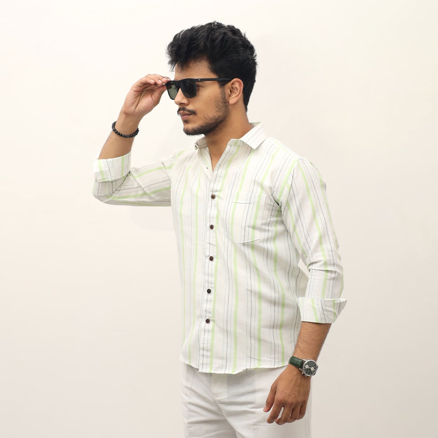 Green striped khadi shirt for men front view