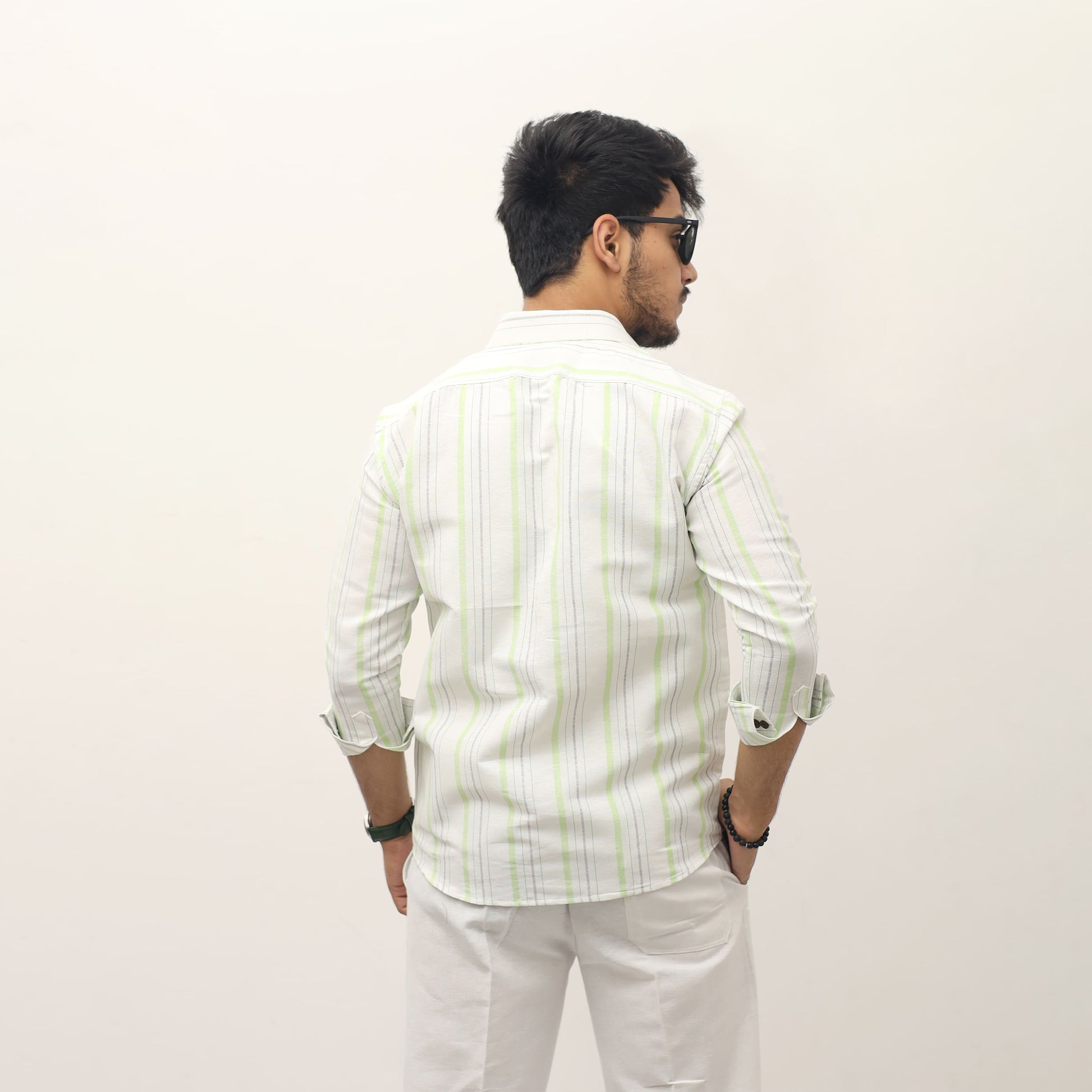 Green striped khadi shirt for men back view