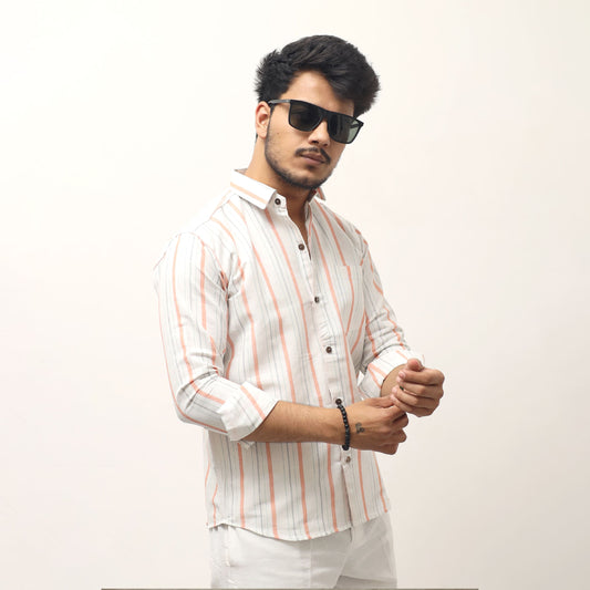 Orange khadi cotton striped shirt men orange casual wear