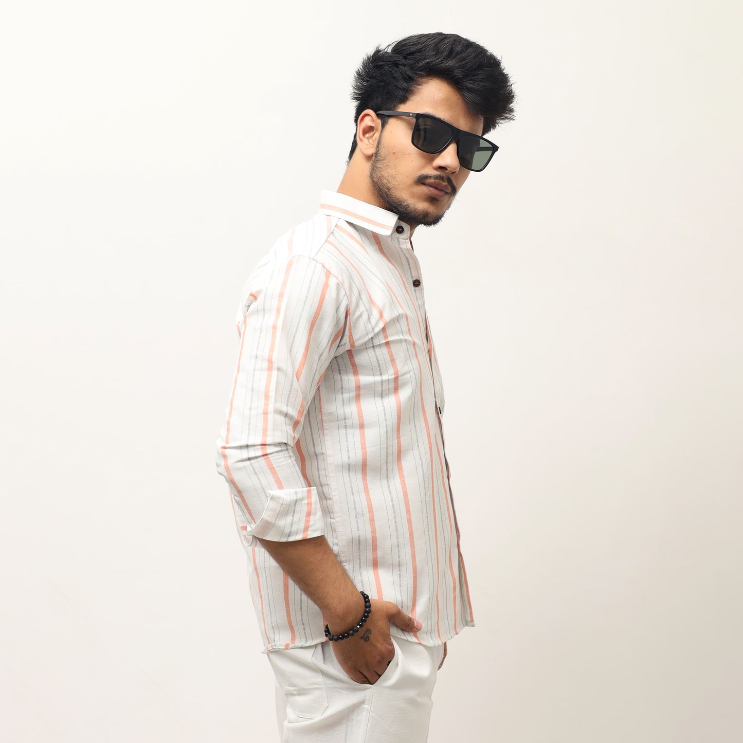 Striped khadi shirt men side view breathable fabric