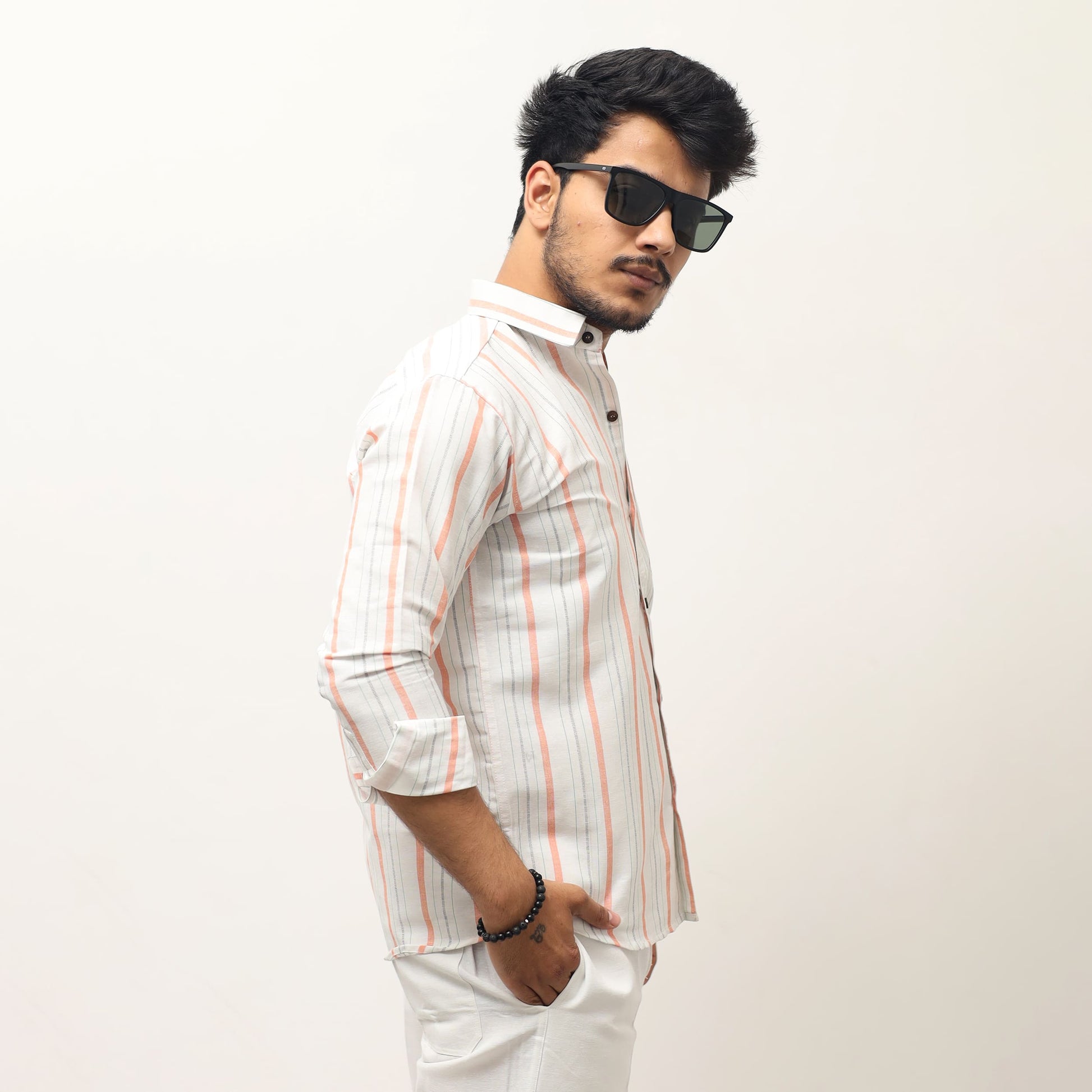 Striped khadi shirt men side view breathable fabric