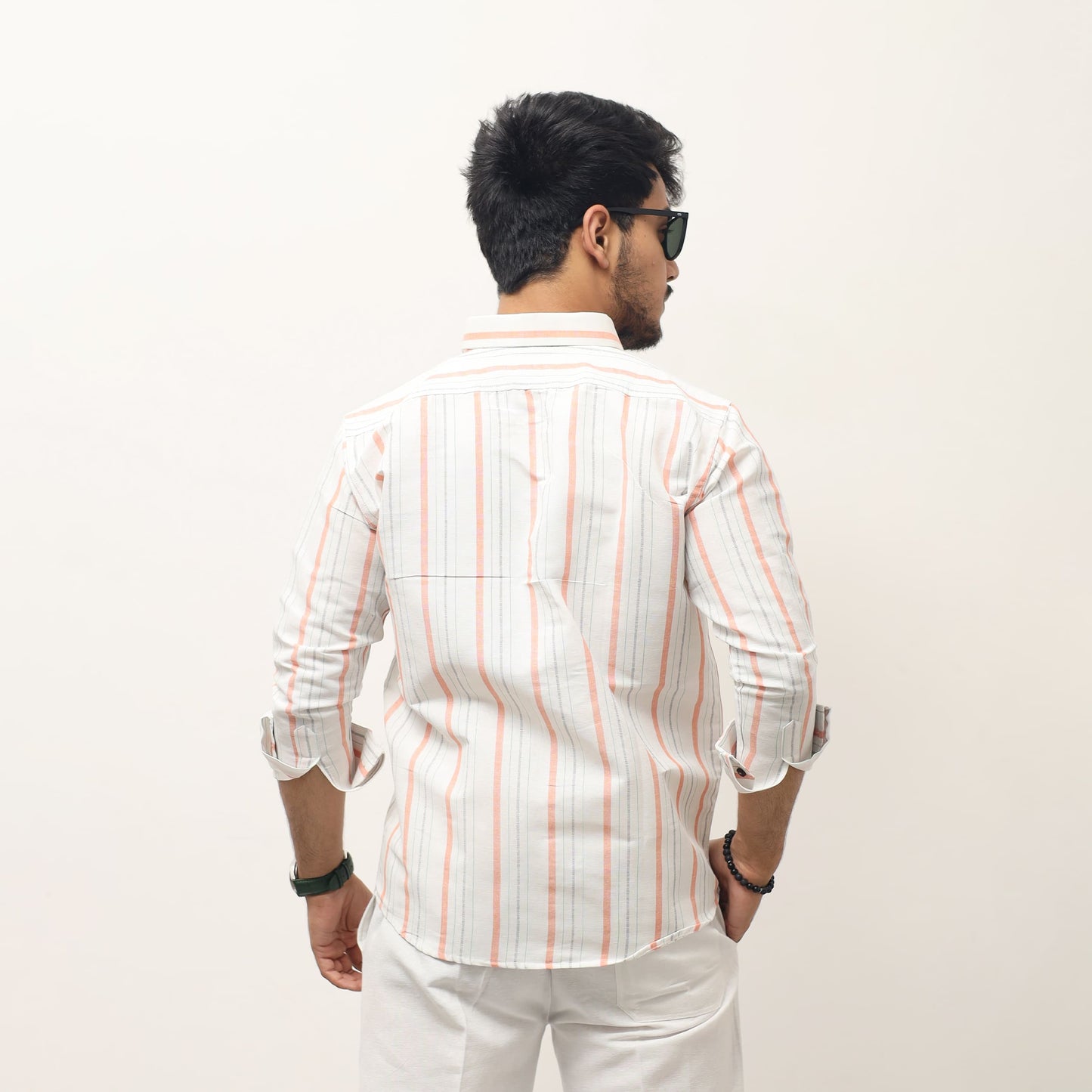Orange stripe khadi shirt back view full sleeves