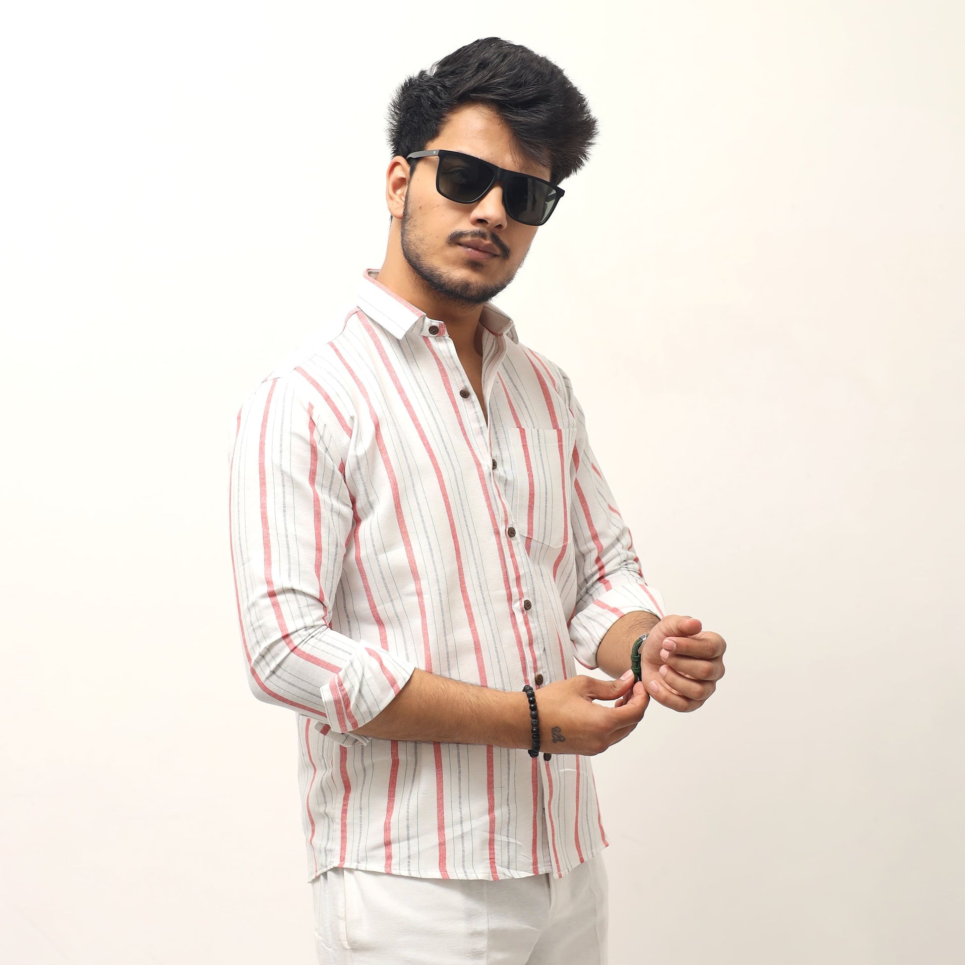 White khadi cotton shirt for men full sleeves front view