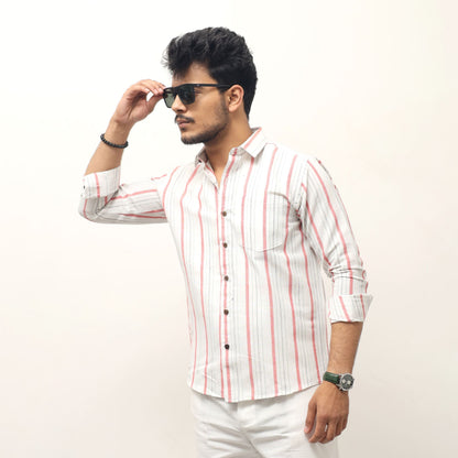 Stylish khadi striped shirt men side pose sunglasses