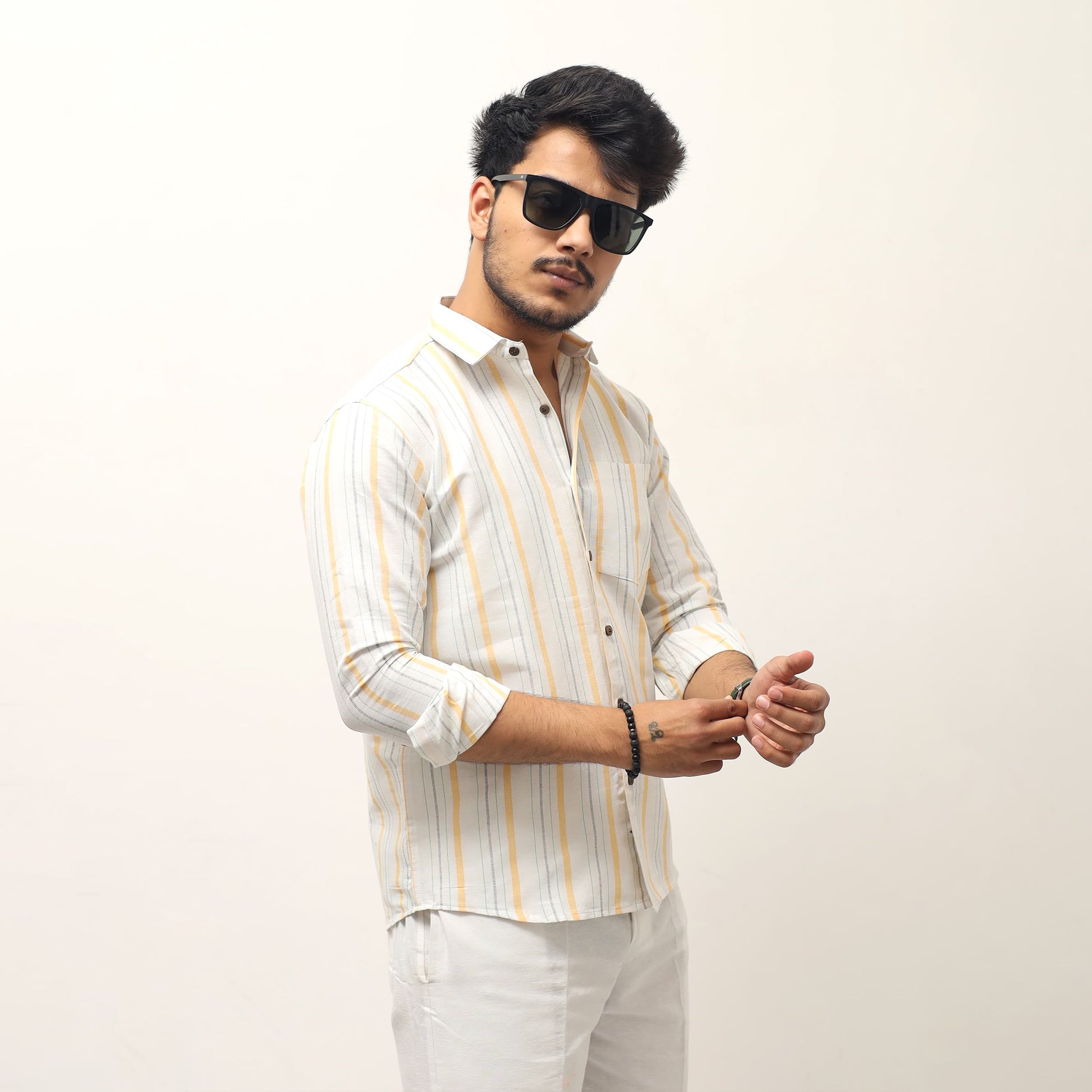 White base yellow striped khadi shirt for men front view