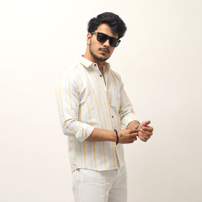 White base yellow striped khadi shirt for men front view
