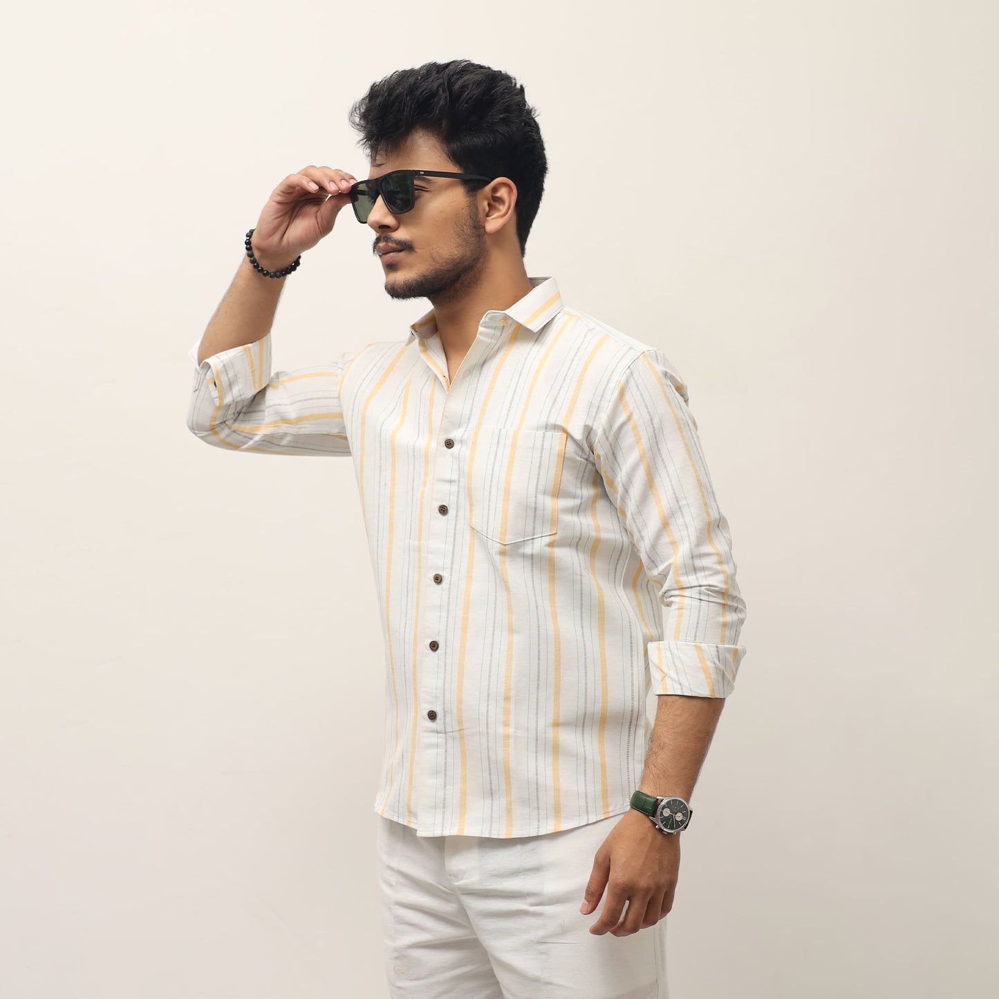 Yellow striped khadi shirt for men full sleeves styling