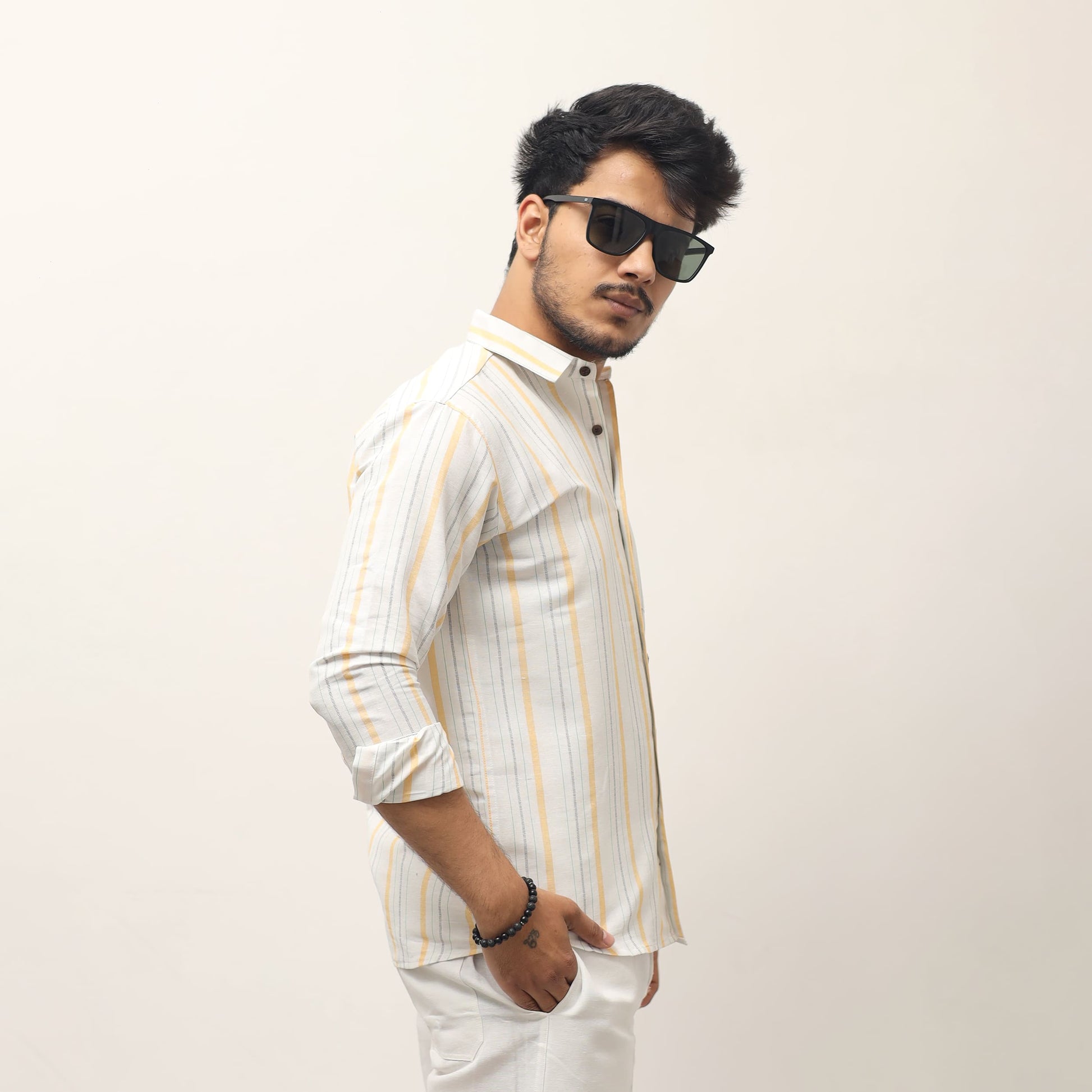 White base yellow striped khadi shirt for men side profile