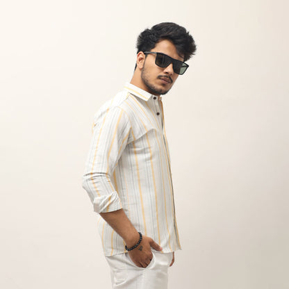 White base yellow striped khadi shirt for men side profile