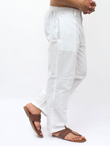 Khadi pants for men white color slim fit walking pose