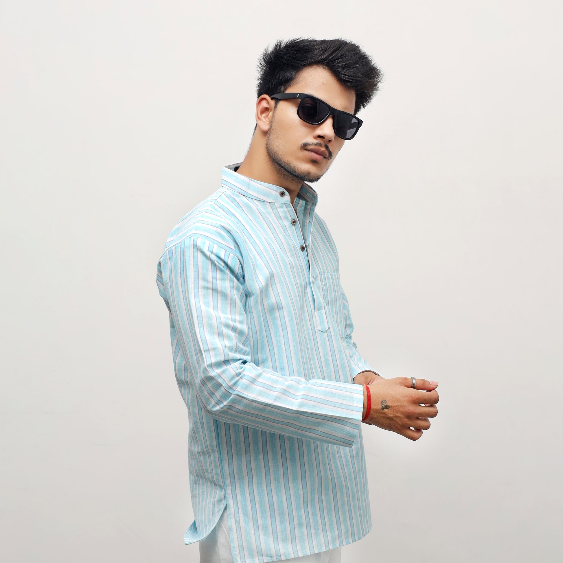 Side view of Blue-White Striped Full Sleeves Khadi Short Kurta for Men
