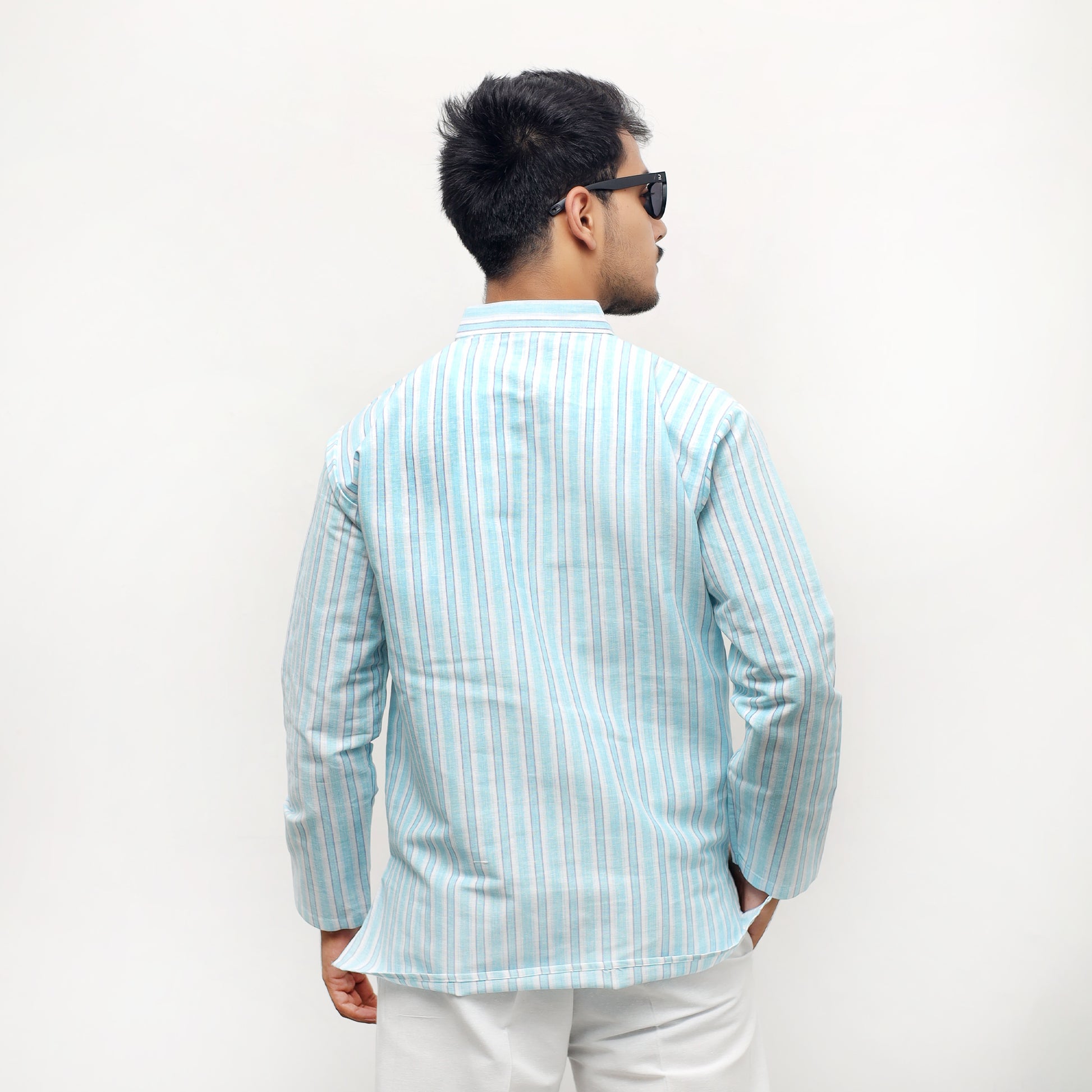 Back view of Blue-White Striped Full Sleeves Short Khadi Kurta for Men