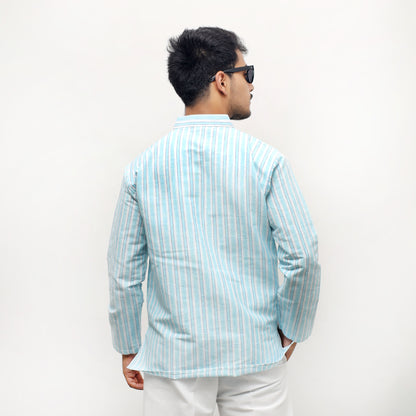 Back view of Blue-White Striped Full Sleeves Short Khadi Kurta for Men