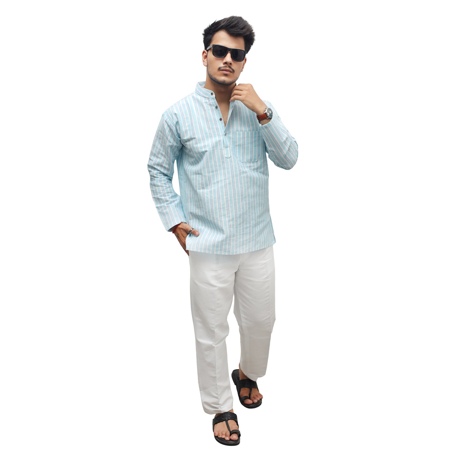 Blue-White Striped Full Sleeves Kurta Pant Combo Set for Men with white pant