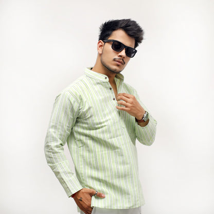 Green-White Striped Full Sleeves Kurta for Men front view in handwoven khadi