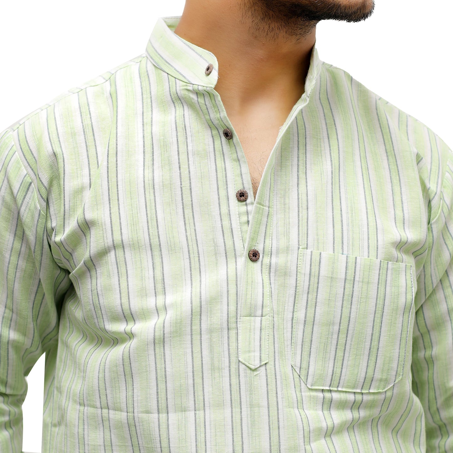 Green-white striped handwoven khadi short kurta with mandarin collar and chest pocket