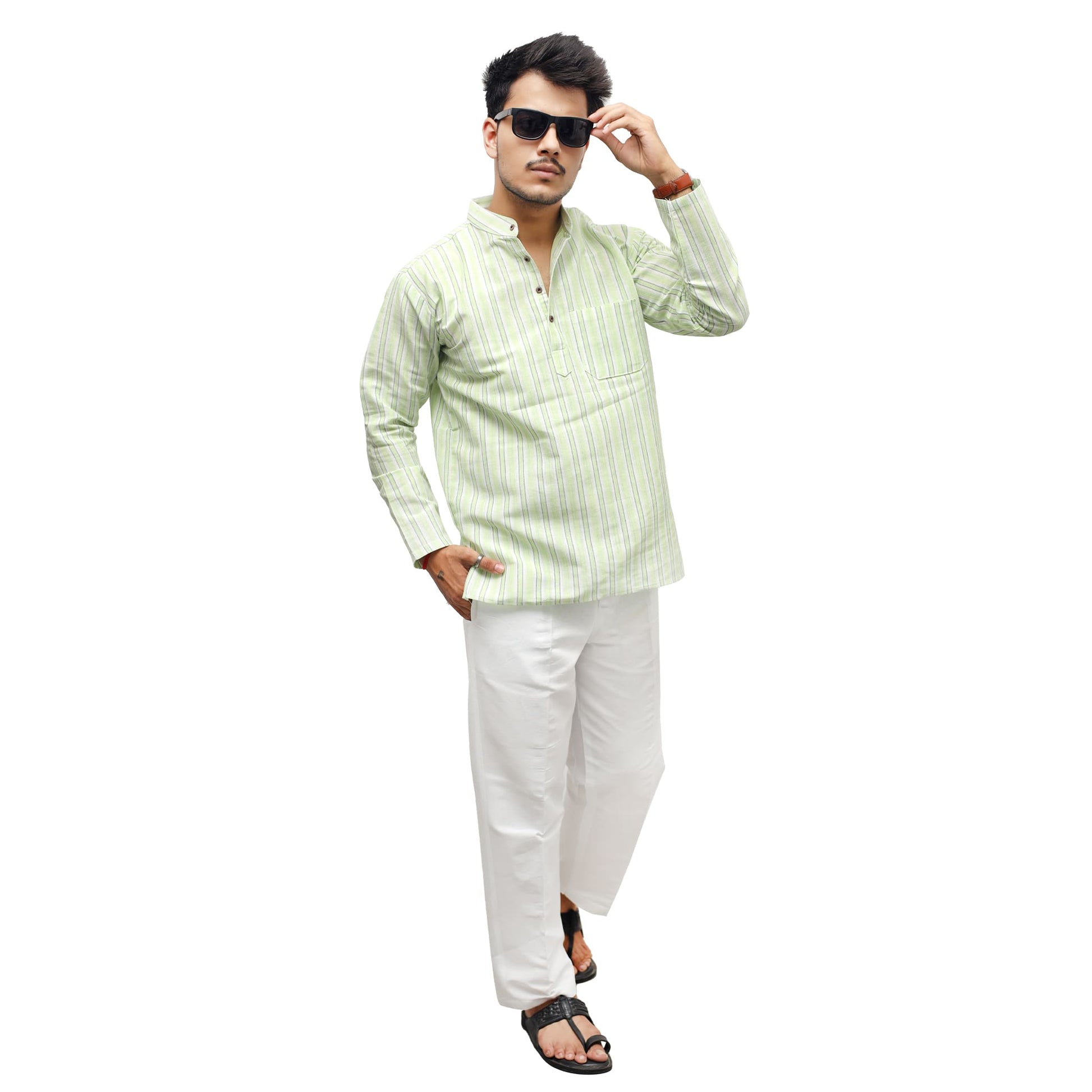 Green-White Striped Full Sleeves Kurta Pant Combo Set for Men with white ethnic pant
