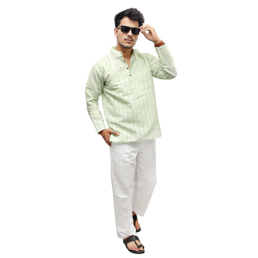 Green-White Striped Full Sleeves Kurta Pant Combo Set for Men with white ethnic pant