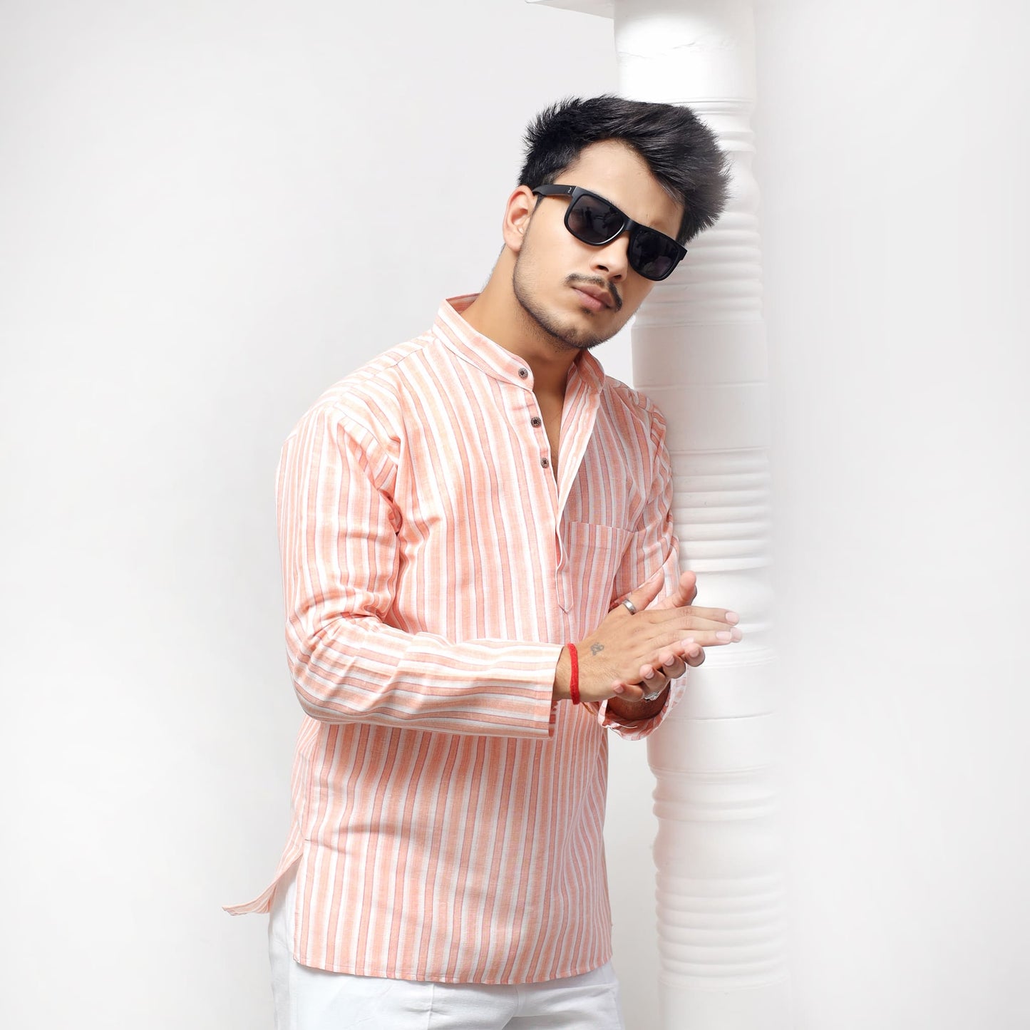 Peach-White Striped Full Sleeves Kurta for Men in handwoven khadi cotton