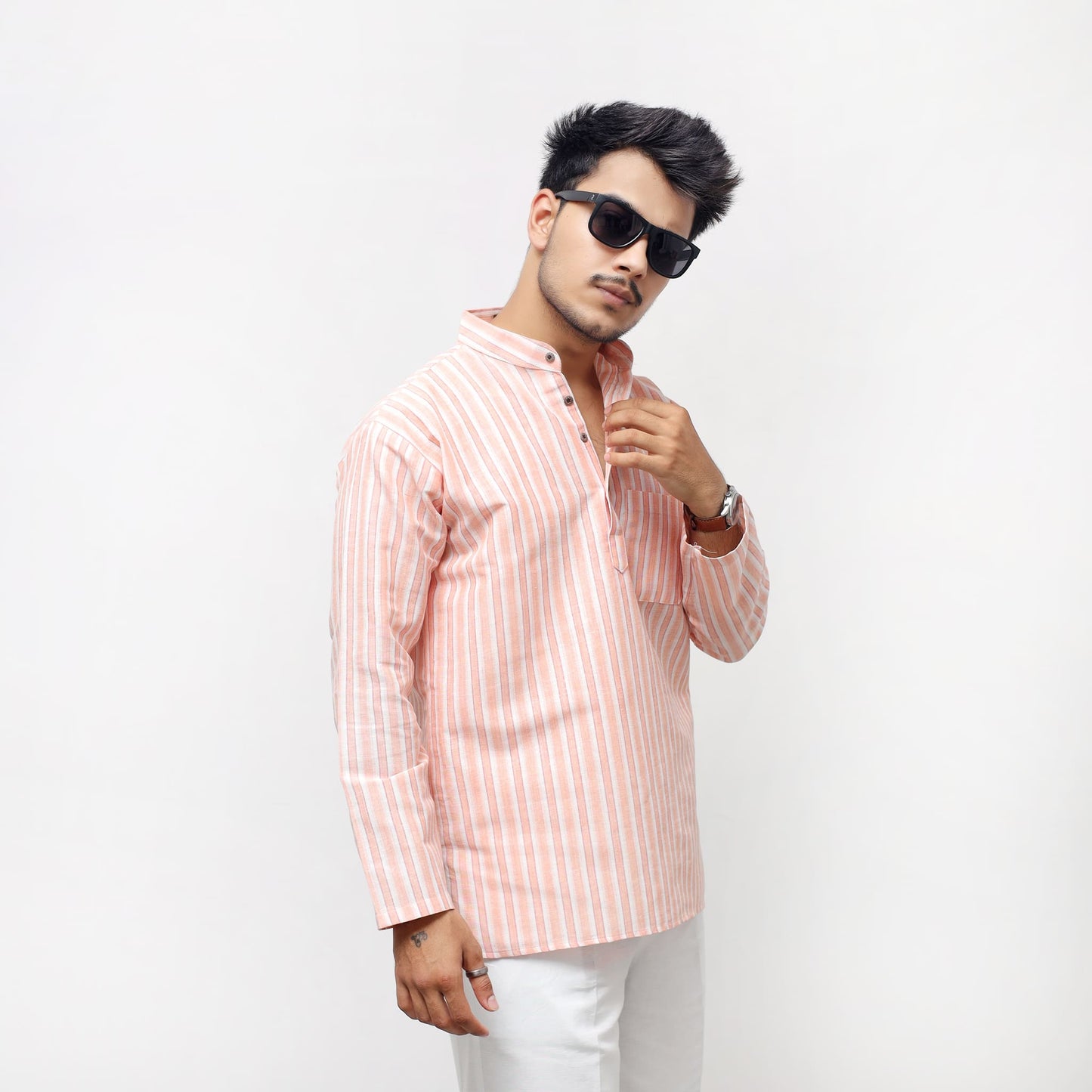 Men's Peach-White Striped Short Kurta featuring vertical stripe pattern and full sleeves