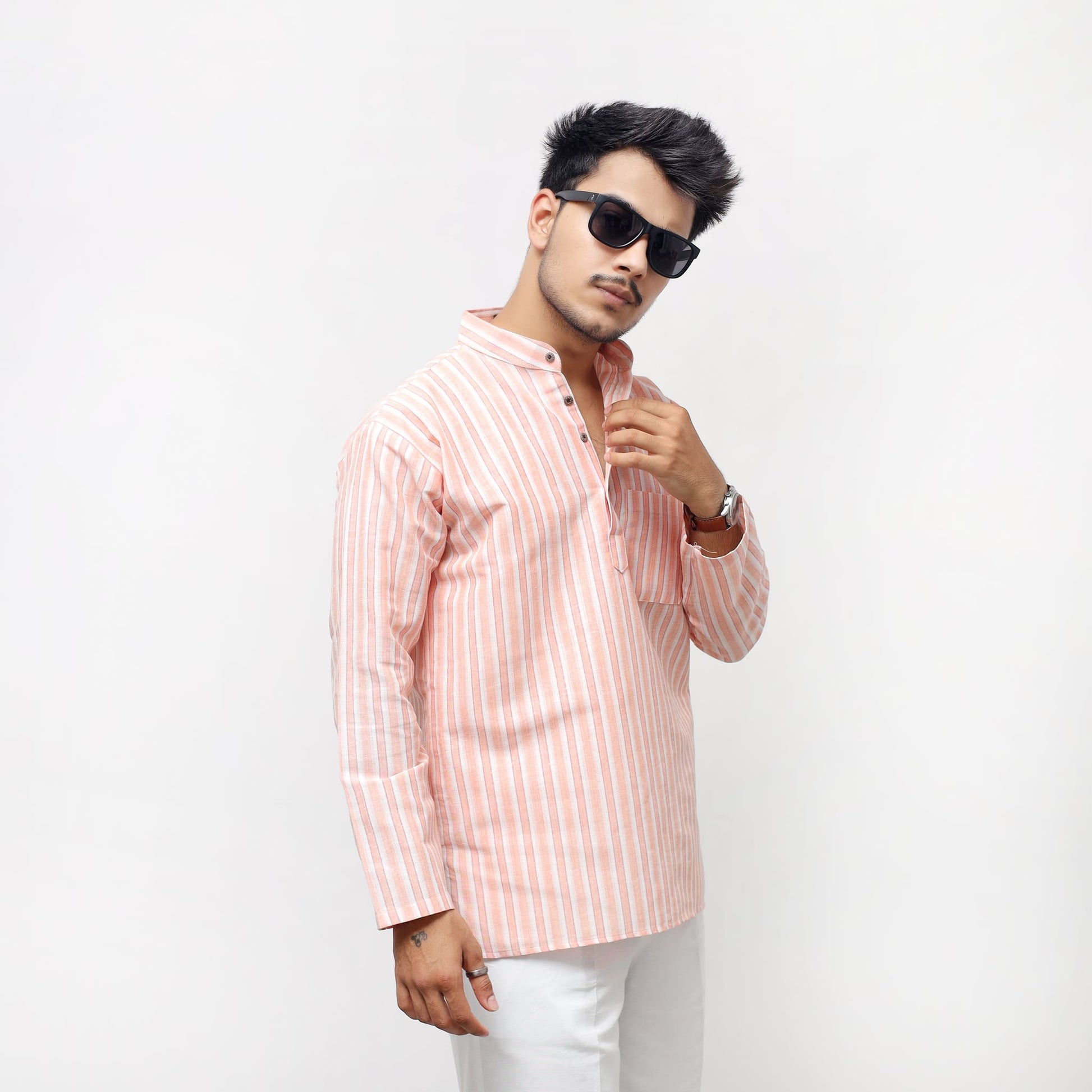 Men's Peach-White Striped Short Kurta featuring vertical stripe pattern and full sleeves