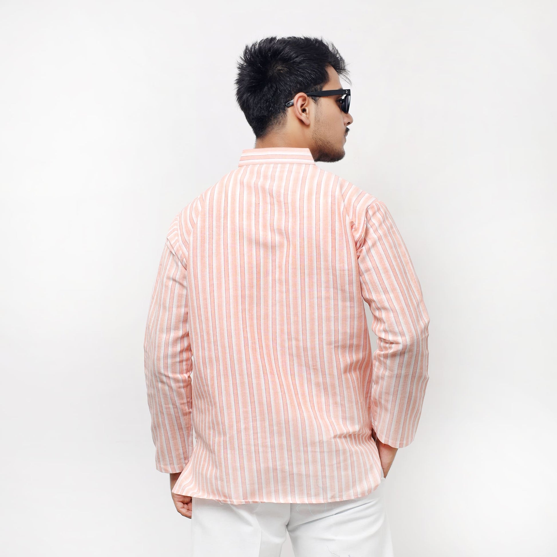 Back view of Peach-White Striped Full Sleeves Khadi Kurta for Men
