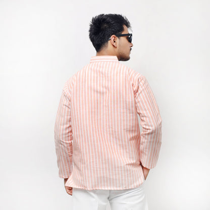 Back view of Peach-White Striped Full Sleeves Khadi Kurta for Men