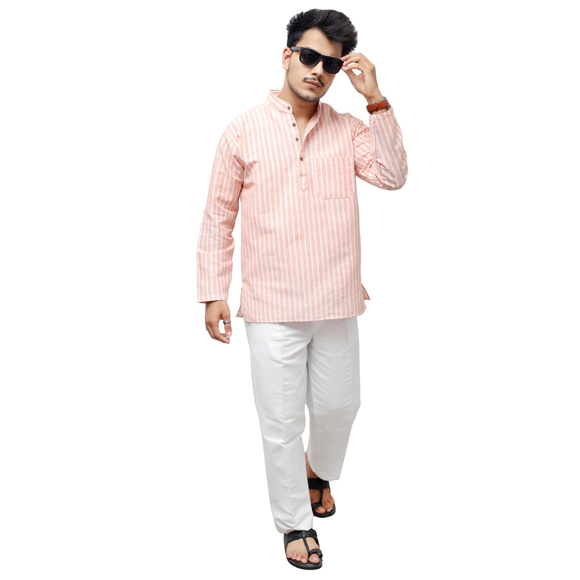 Full-length Peach-White Striped Kurta Pant Combo Set for Men paired with white straight-fit white pant