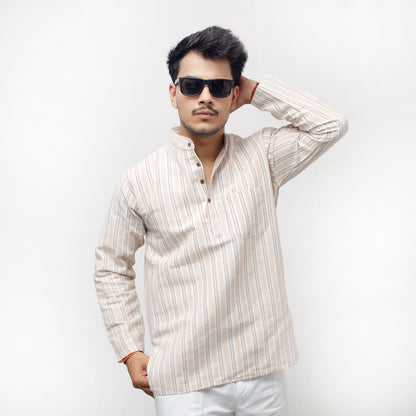 Beige-White Striped Full Sleeves Kurta for men front view