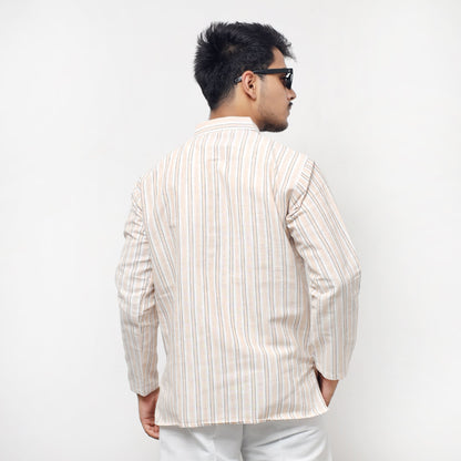 Beige-White Striped Full Sleeves Kurta back view
