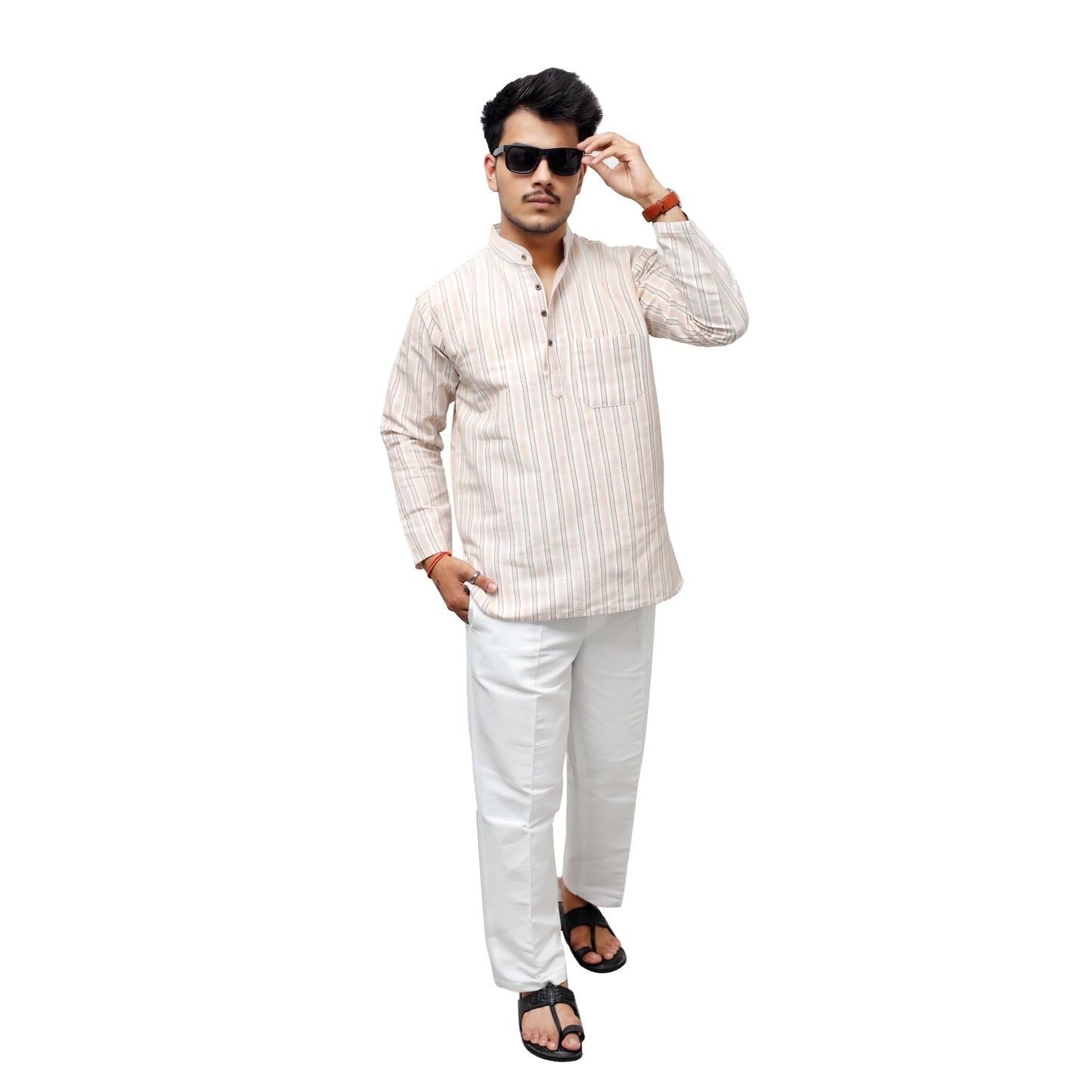 Beige-White Striped Full Sleeves Kurta Pant Combo Set for men