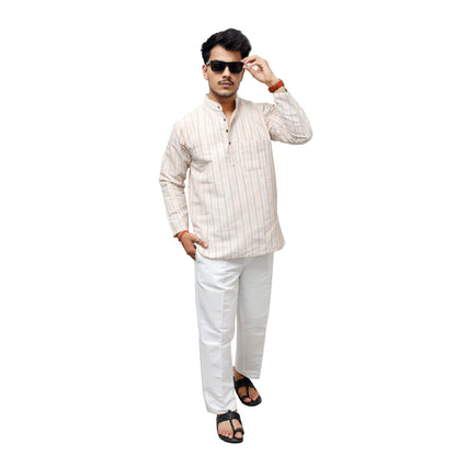 Beige-White Striped Full Sleeves Kurta Pant Combo Set for men