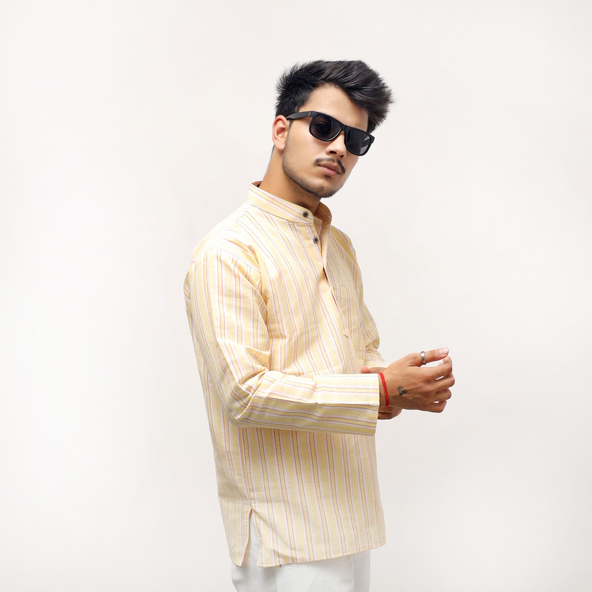 Side view of Yellow-White Striped Full Sleeves Kurta for men