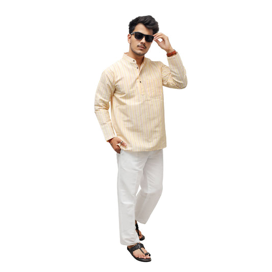 Handwoven Khadi Yellow-White Striped Kurta Pant Combo Set