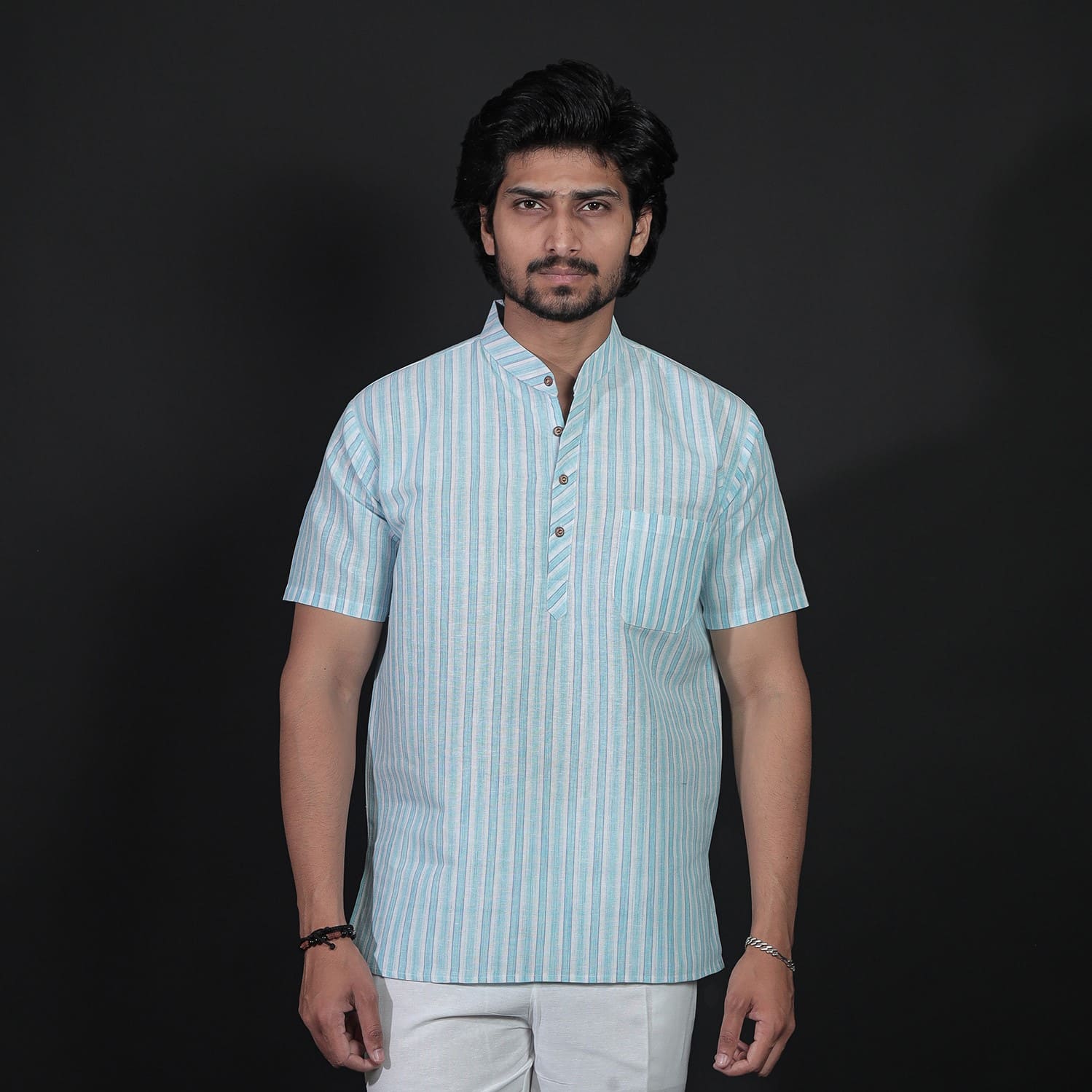 Blue white striped half sleeves kurta pant combo set for men front view