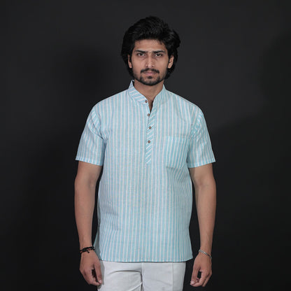 Blue white striped half sleeves kurta pant combo set for men front view