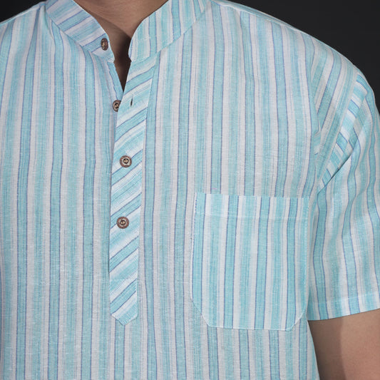 Close-up of blue white striped short kurta design for men