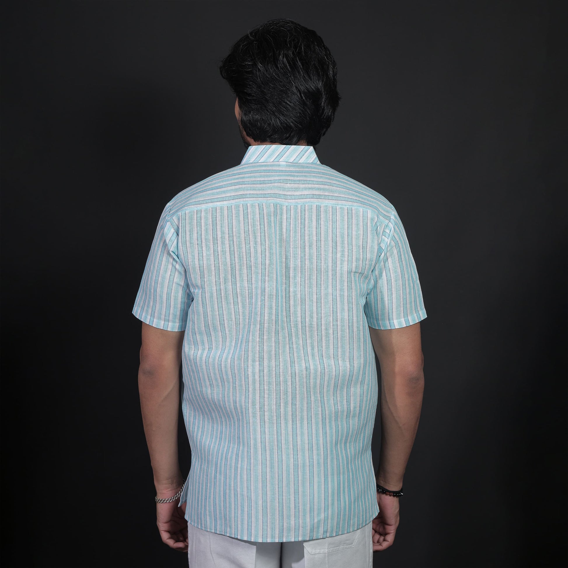 Back view of blue white striped short kurta men daily wear