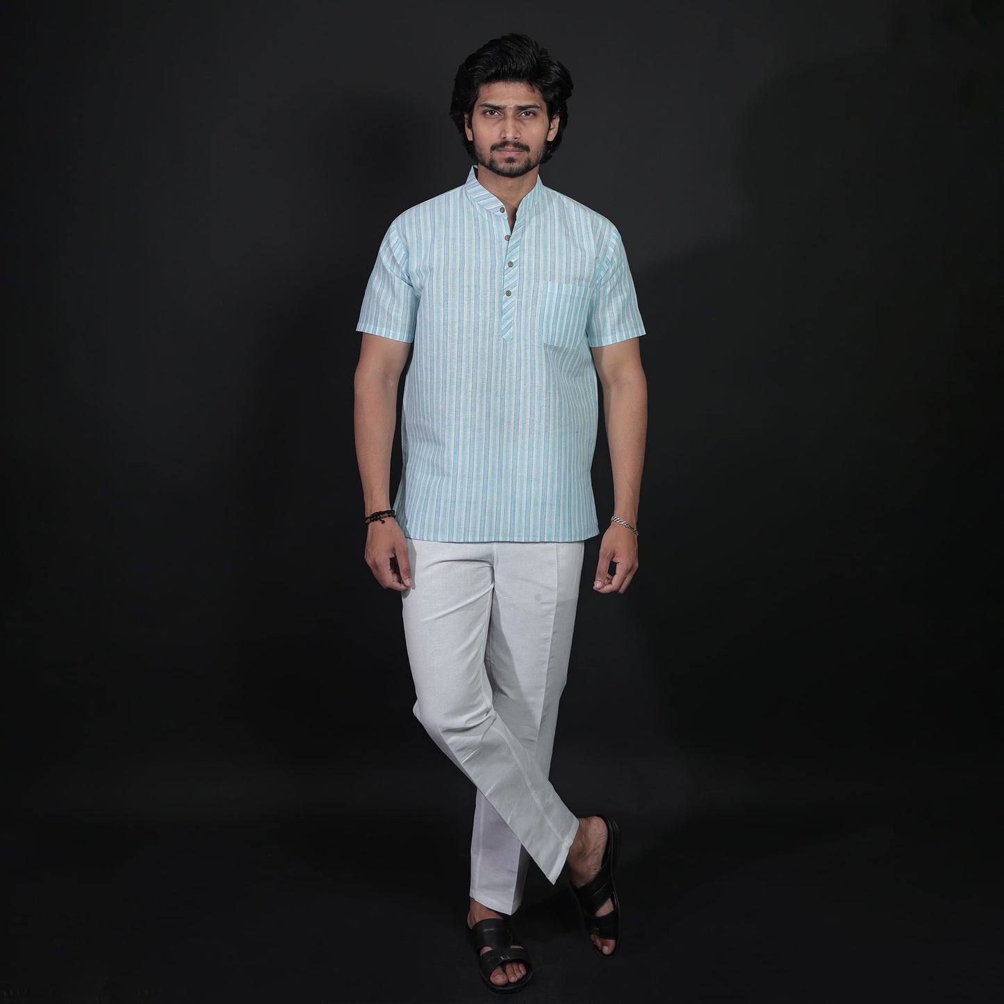 Blue-White Striped Half Sleeves Kurta Pant Combo Set full outfit front look