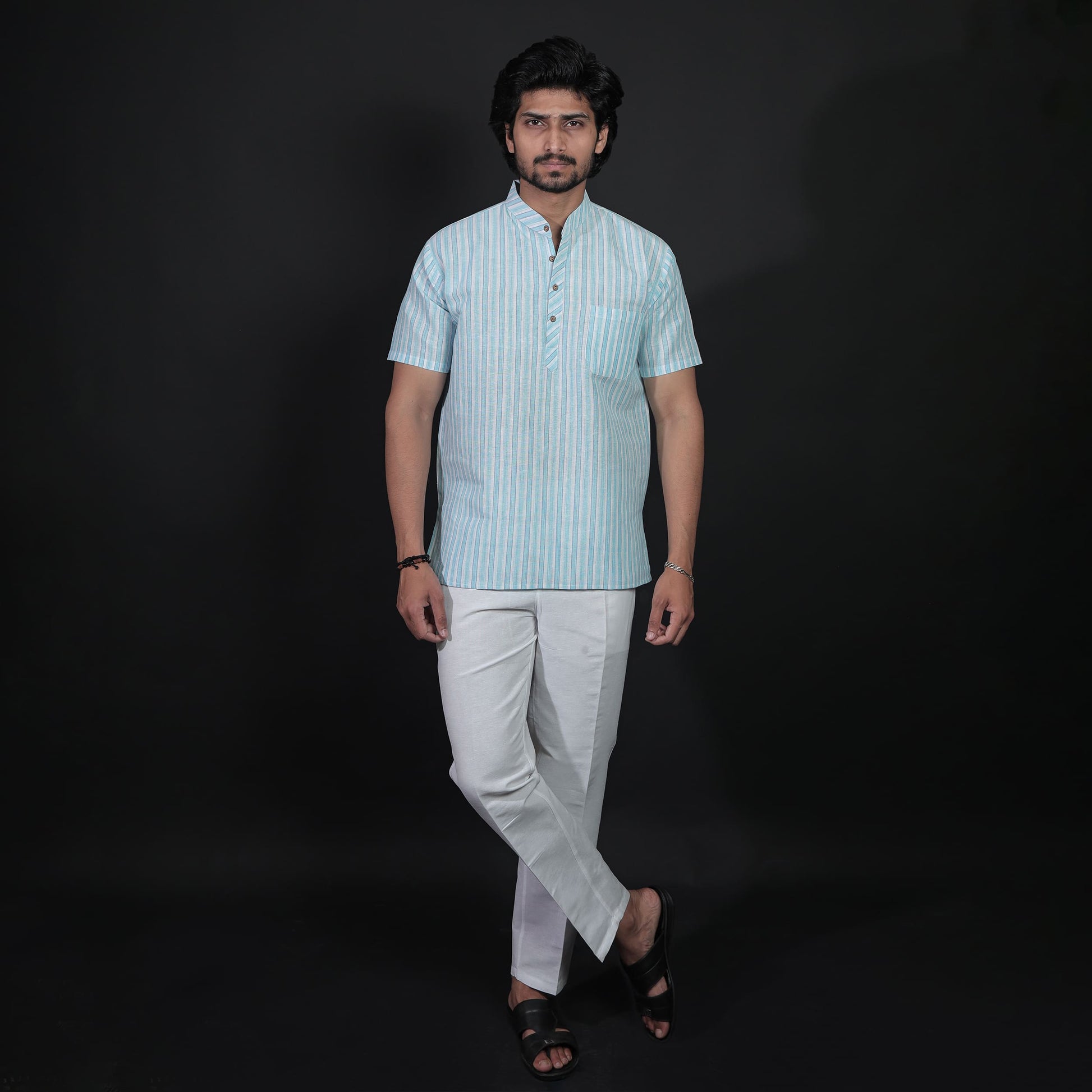 Blue-White Striped Half Sleeves Kurta Pant Combo Set full outfit front look