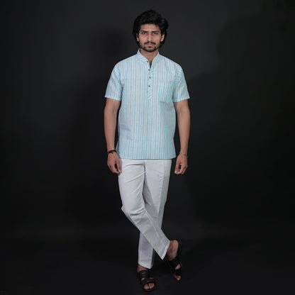 Blue-White Striped Half Sleeves Kurta Pant Combo Set full outfit front look