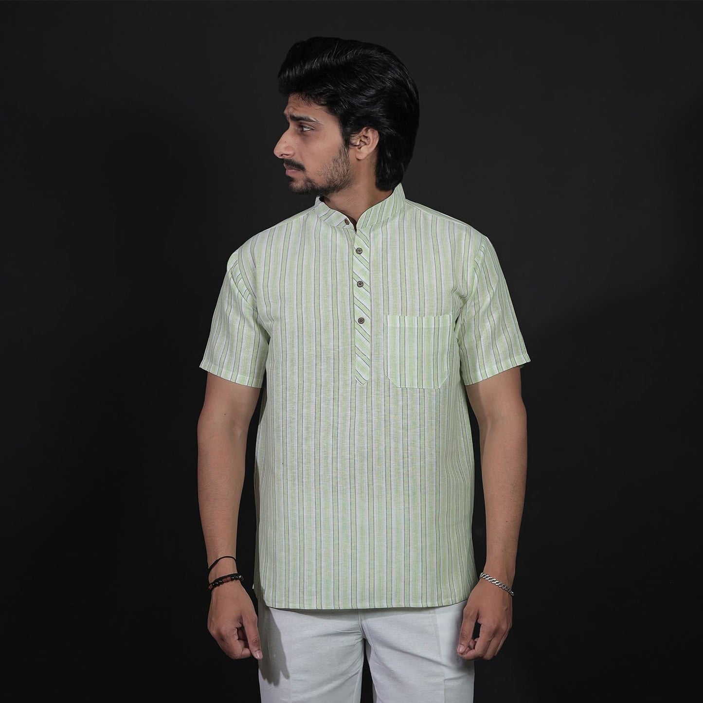 Green-White striped half sleeves kurta for men front view