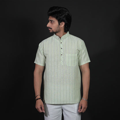 Green-White striped half sleeves kurta for men front view