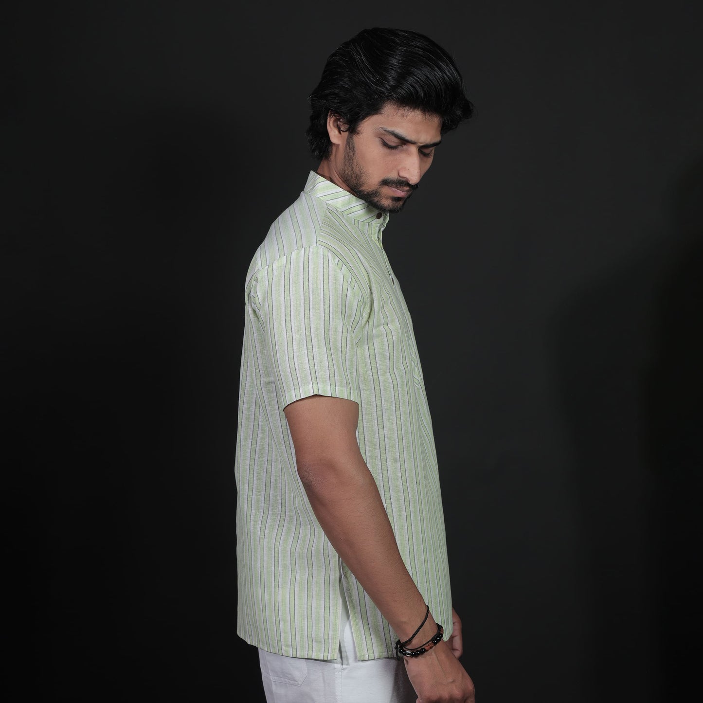 Side view of green-white striped short kurta for men