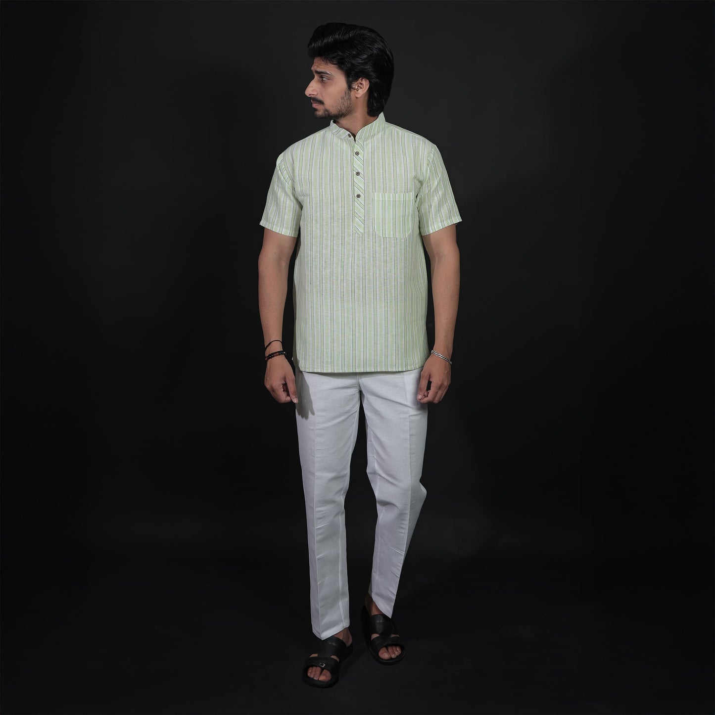 Green-white striped kurta with white pant full outfit for men