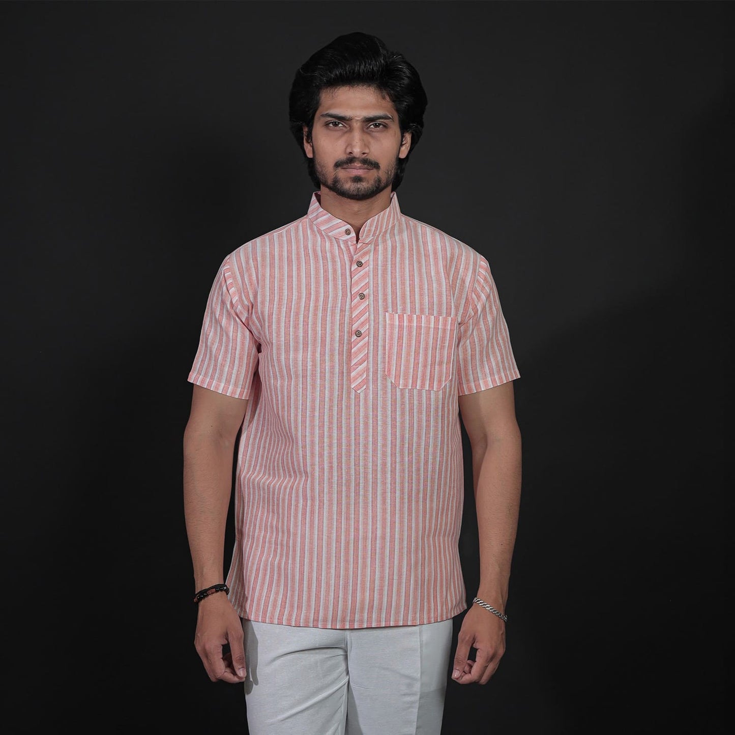 Orange white striped half sleeves short kurta front view for men