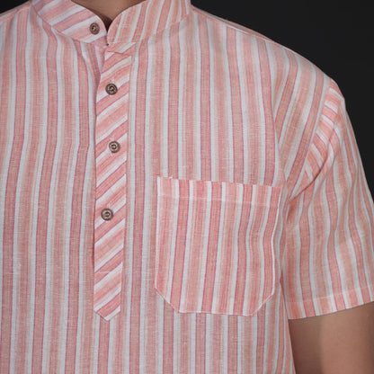 Orange white striped half sleeves short kurta front view for men