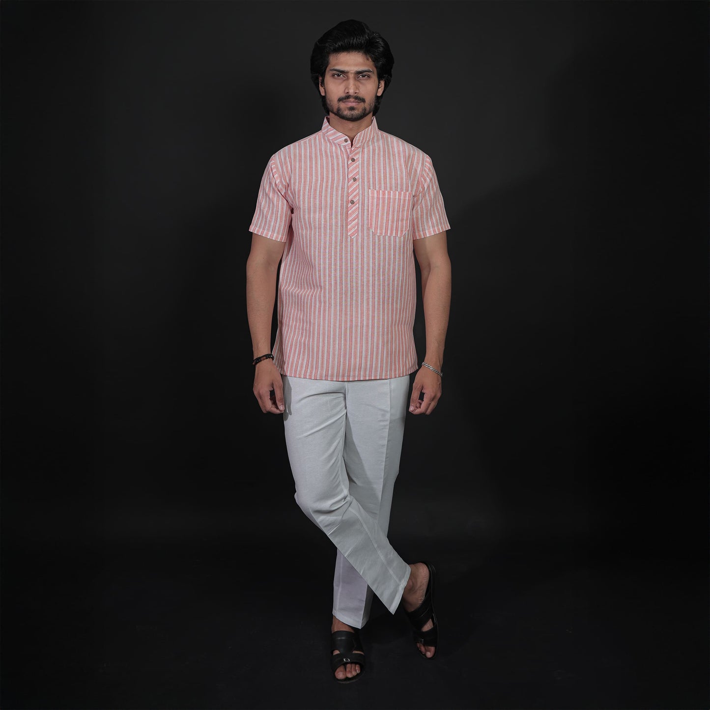Full outfit of Orange-White Striped Half Sleeves Kurta Pant Combo Set for men