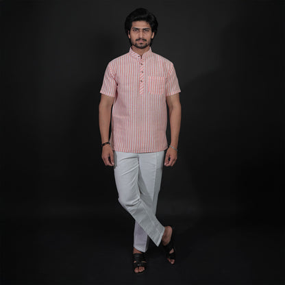 Full outfit of Orange-White Striped Half Sleeves Kurta Pant Combo Set for men
