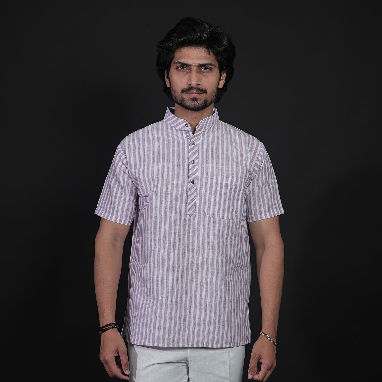 Purple white striped half sleeves short kurta for men front view